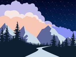Minimalist Flat Style Illustration With Contrasting Pastel Color Palette, Featuring Snowy Mountains, Rows Of Dark Pine Trees, Winding Road In The Middle, Starry Night Sky, And Peach Purple Gradient vector