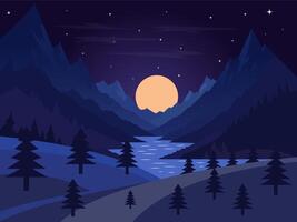 Minimalist Flat Illustration With Bluish Purple Color Palette Featuring Nighttime Mountain Scenery, Moon, Calm Lake Reflecting Moonlight, And Surrounding Pine Forest With Starry Night Sky. vector
