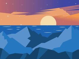 Sunset over ocean and mountains vector