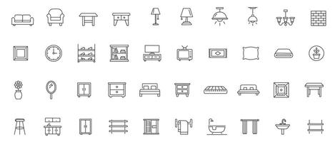Interior Design and Home Decor Line Icons Minimal Outline Icons of Furniture, Room Styling, and Decorative Elements vector