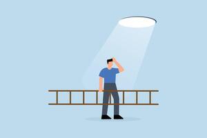 businessman holding ladder, looking at light of hope, plans to climb and escape through hole. vector