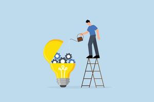 Maintenance brain to generate idea, entrepreneur pours lubricant into an exposed ampoule containing mechanical gears. vector