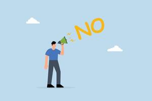 confident businessman speaks loudly in megaphone with the word No to his boss. vector