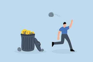 Get rid of work anxiety, joyful entrepreneur discards in garbage anxious and troubled. vector