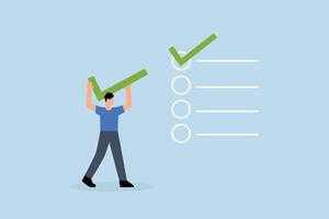 businessman who carries big tick put completed project on the right track. vector