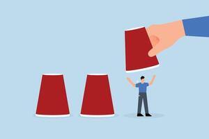employer hand raises designated cup to select businessman candidate from among cups in the guessing game. vector
