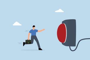 cautious businessman rushing to press red emergency button vector