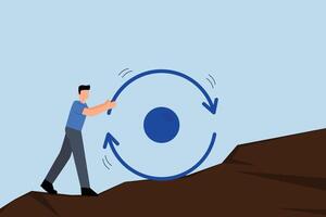 businessman pushes continuous circle symbol up mountain with full force. vector