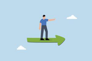 businessman driving high in sky with green up arrow diagram indicating future goal. vector