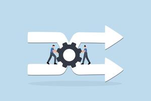 businessman staff team helps turn gear to control arrows of change of direction vector