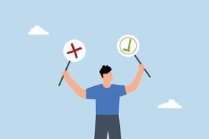 thoughtful businessman holds right or wrong left and right hand when making decision. vector