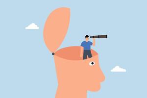 businessman with binoculars opens his head above cloudy storm to get clear view. vector