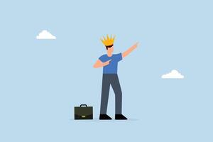 Success businessman king proud of his achievement, joyful entrepreneur with regal crown gesturing towards the heavens vector