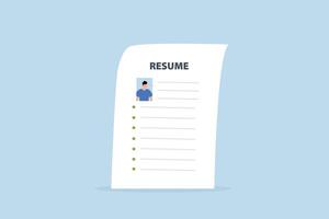 CV with photo of reclining Pinocchio with long nosed businessman. vector
