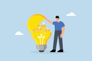 businessman opened idea of light bulb and found compound that earns winning coins. vector