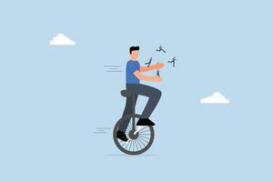businessman manager riding Unicycle balance, juggling team members diversify people. vector