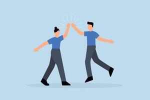happy businessman and woman teamwork colleagues jumping and hi five clapping hands. vector