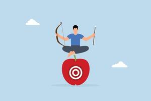 businessman archery holding bow and arrow, meditating and concentrating on mark center of apple. vector
