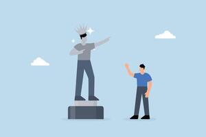 businessman looks at statue of his self success and thinks about his ego. vector