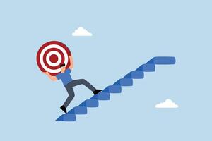 strong businessman carrying big target on his shoulder going up the stairs. vector