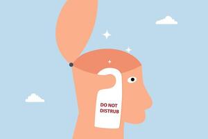 When you think of a business solution, human head is open with label Do not disturb. vector
