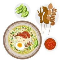 Illustration Logo Clipart Top View Soto Sapi or Soto Daging Sapi Indonesian Beef Soup with added Side dish Satay vector