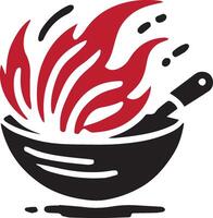 A logo in the form of a silhouette of a frying pan and fire is suitable for a restaurant logo. vector