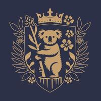 Illustration of a koala logo inside a shield with floral elements of flowers and leaves. vector