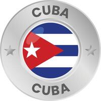 Cuban flag in silver colored medal. National flag in metal circle emblem. vector