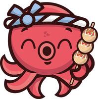 This logo features a cute octopus as the main mascot, with a cheerful expression for takoyaki food. vector
