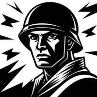Determined soldier wearing helmet with sharp background elements portrait black vector