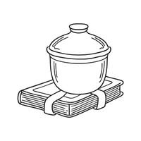 A sealed urn resting by a photo album on a shelf vector