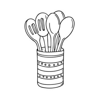 A container of wooden spoons resting on the counter vector