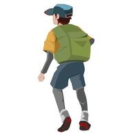 Back of a male hiker. Carrying a bag and wearing a hat. Moving forward on an isolated white background. vector