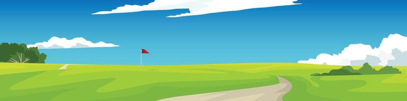 Golf course grassland landscape poster. Golf hole with flagpole on hill. Winding dirt road through bright green landscape with hills. Empty background of mountains and blue sky with white clouds. vector