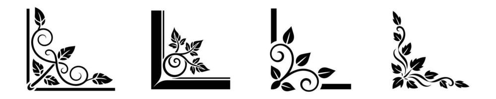 Four Decorative Corner Elements with Floral and Swirling Designs in Black and White vector