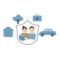 An insurance plan for a family with icons and a hand holding a top element. Protect your family motion graphic vector