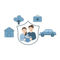 An insurance plan for a family with icons and a hand holding a top element. Protect your family icon vector