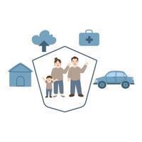 An insurance plan for a family with icons and a hand holding a top element. Protect your family animation vector