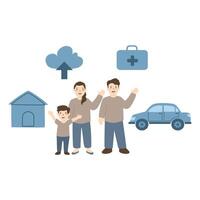 An insurance plan for a family with icons and a hand holding a top element. Protect your family vector