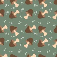 Brown mushrooms on a dark green background. Autumn seamless pattern for clothing, fabric, wallpaper, backdrop, home decoration, cover book, and wall art. vector