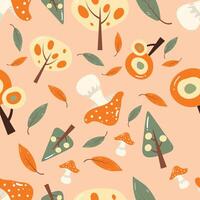 Colorful trees and mushrooms pattern vector