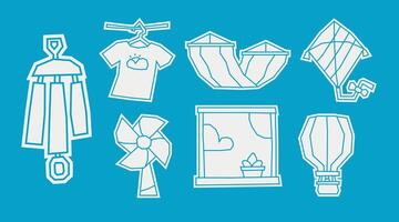 Bold white filled icon set featuring summer themed objects vector