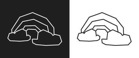 Rainbow behind Sun Icon in Black Line Art and White Line Art Cutout Style vector