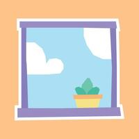 Window View with Clouds and Potted Plant sticker in cutout style and flat pastel tone color vector