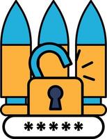 A blue and yellow image of a lock with a key and three bullets in the background vector
