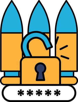 A blue and yellow image of a lock with a key and three bullets in the background