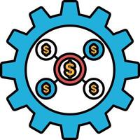 A blue gear with a red circle in the middle and four dollar signs surrounding it vector