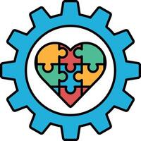 A puzzle piece heart is surrounded by a blue gear vector