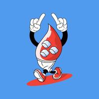 retro comic style illustration lively blood drop mascot with sugar cubes inside, conceptualizing blood sugar in a playful manner. vector